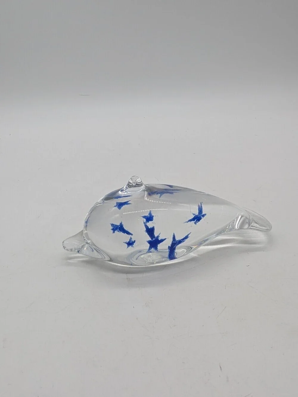 Vintage Hand Blown Art Glass Dolphin Figurine Paperweight Clear with Blue Stars
